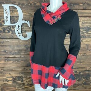 Miusey |‎ Plaid Gingham Red Black Checkered Cowl Neck Knit Sweater Tunic Top